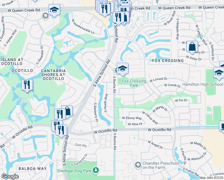 map of restaurants, bars, coffee shops, grocery stores, and more near 843 West Locust Drive in Chandler