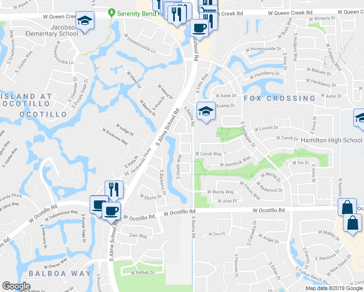 map of restaurants, bars, coffee shops, grocery stores, and more near 843 West Locust Drive in Chandler