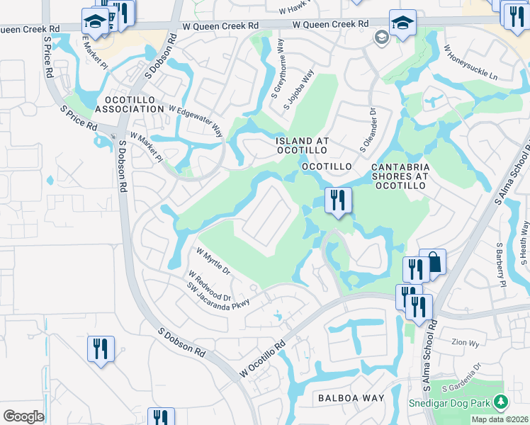 map of restaurants, bars, coffee shops, grocery stores, and more near 3631 South Greythorne Way in Chandler