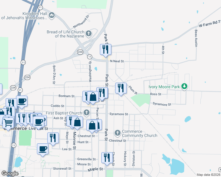 map of restaurants, bars, coffee shops, grocery stores, and more near 1004 Park Street in Commerce