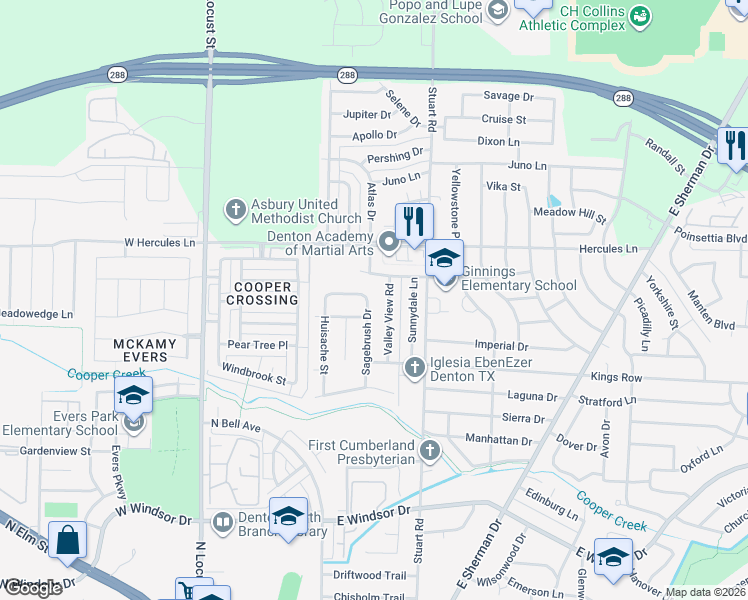 map of restaurants, bars, coffee shops, grocery stores, and more near 3507 Sagebrush Drive in Denton