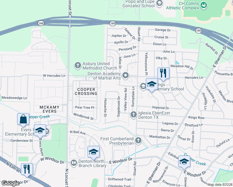 map of restaurants, bars, coffee shops, grocery stores, and more near 3507 Sagebrush Drive in Denton