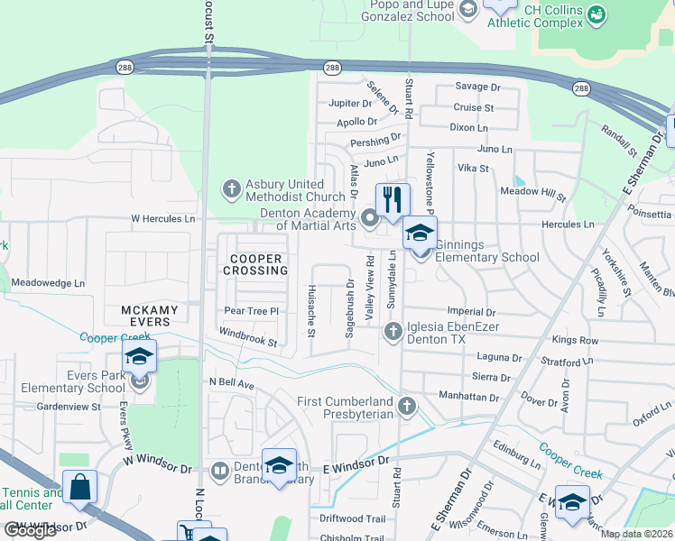 map of restaurants, bars, coffee shops, grocery stores, and more near 3507 Sagebrush Drive in Denton