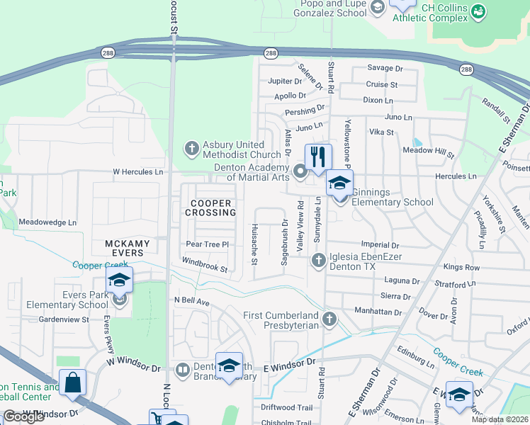 map of restaurants, bars, coffee shops, grocery stores, and more near 3502 Huisache Street in Denton