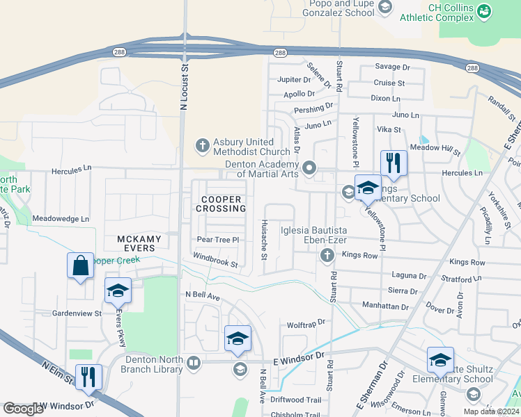 map of restaurants, bars, coffee shops, grocery stores, and more near 3502 Huisache Street in Denton