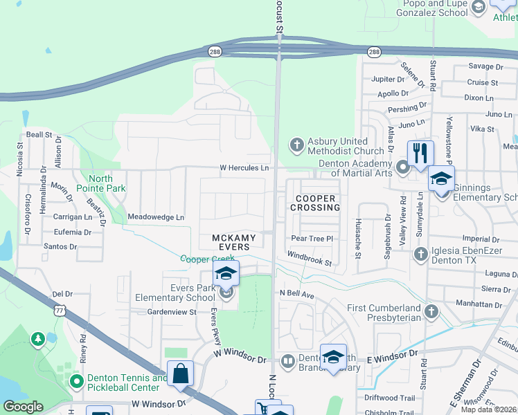 map of restaurants, bars, coffee shops, grocery stores, and more near 3601 Skelton Street in Denton