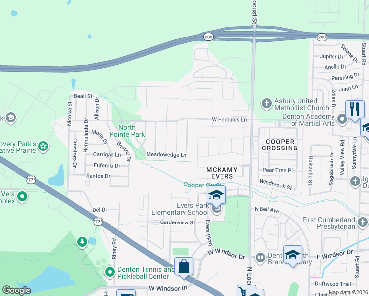 map of restaurants, bars, coffee shops, grocery stores, and more near 3508 Meadowtrail Lane in Denton