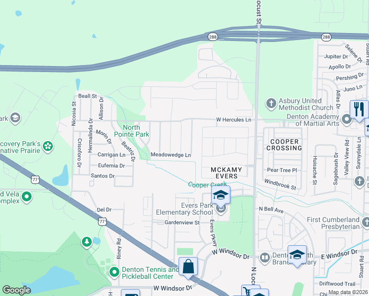 map of restaurants, bars, coffee shops, grocery stores, and more near 3505 Ann Arbor Lane in Denton