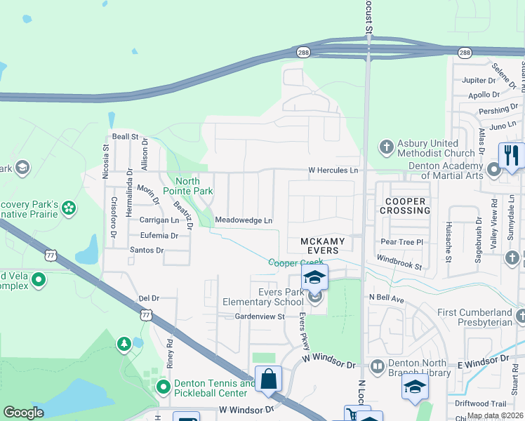 map of restaurants, bars, coffee shops, grocery stores, and more near 3505 Ann Arbor Lane in Denton