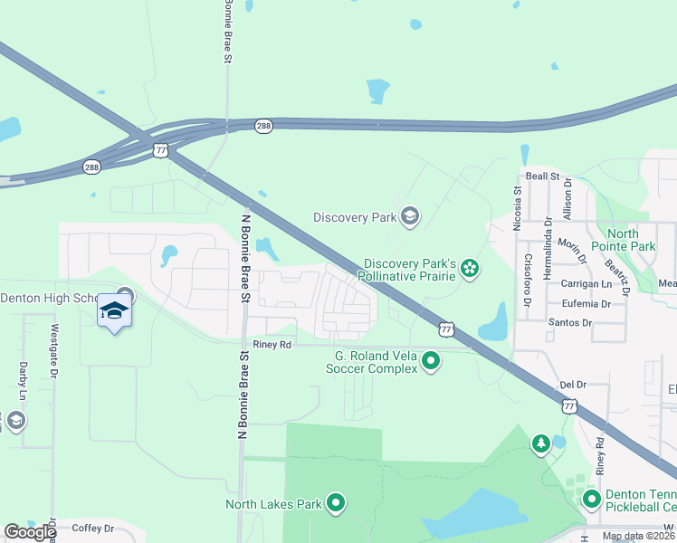 map of restaurants, bars, coffee shops, grocery stores, and more near 4001 North Elm Street in Denton