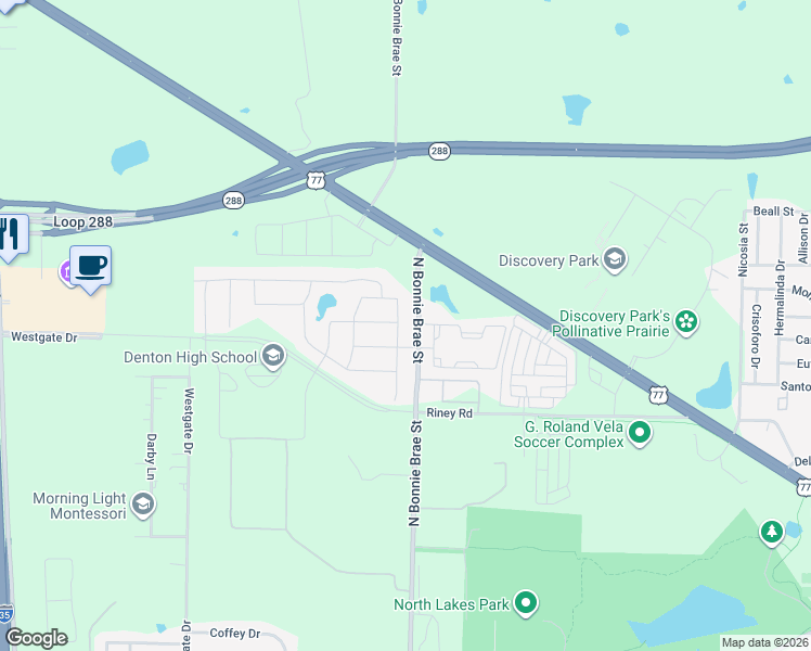 map of restaurants, bars, coffee shops, grocery stores, and more near 3310 North Bonnie Brae Street in Denton