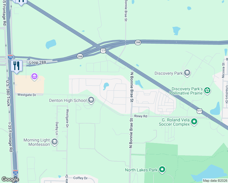 map of restaurants, bars, coffee shops, grocery stores, and more near 3310 North Bonnie Brae Street in Denton