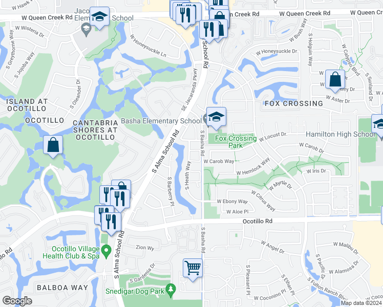map of restaurants, bars, coffee shops, grocery stores, and more near 843 West Locust Drive in Chandler