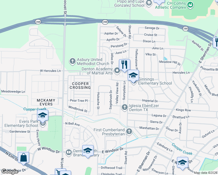map of restaurants, bars, coffee shops, grocery stores, and more near 3507 Sagebrush Drive in Denton