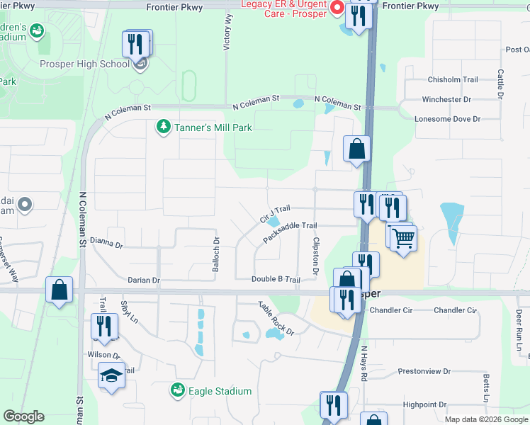 map of restaurants, bars, coffee shops, grocery stores, and more near 1401 Blackpool Lane in Prosper