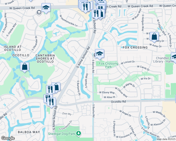 map of restaurants, bars, coffee shops, grocery stores, and more near 843 West Locust Drive in Chandler