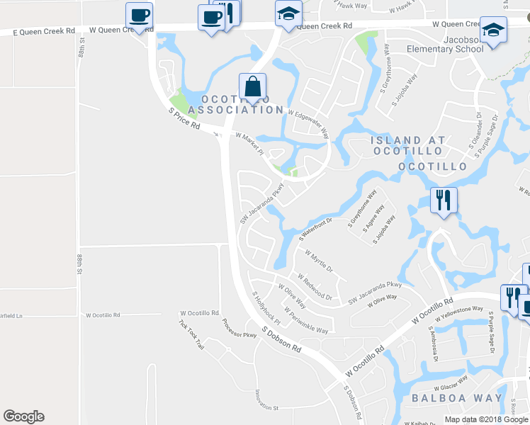 map of restaurants, bars, coffee shops, grocery stores, and more near 2382 West Hemlock Court in Chandler