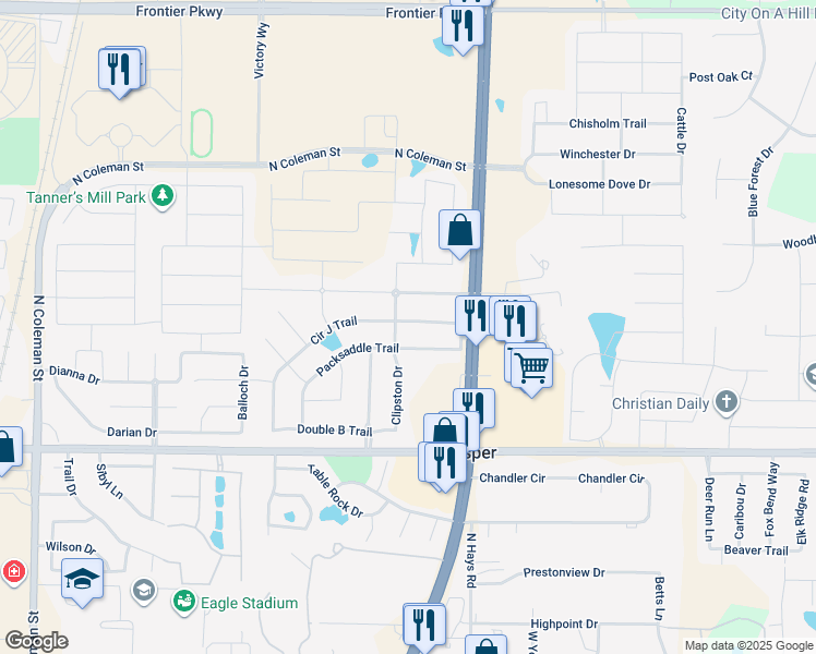 map of restaurants, bars, coffee shops, grocery stores, and more near 1210 Circle J Trail in Prosper