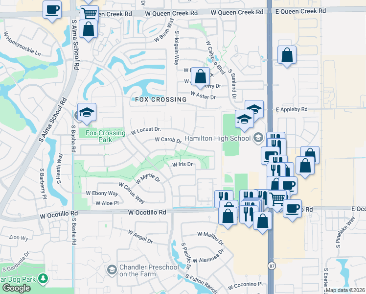 map of restaurants, bars, coffee shops, grocery stores, and more near 423 West Carob Drive in Chandler
