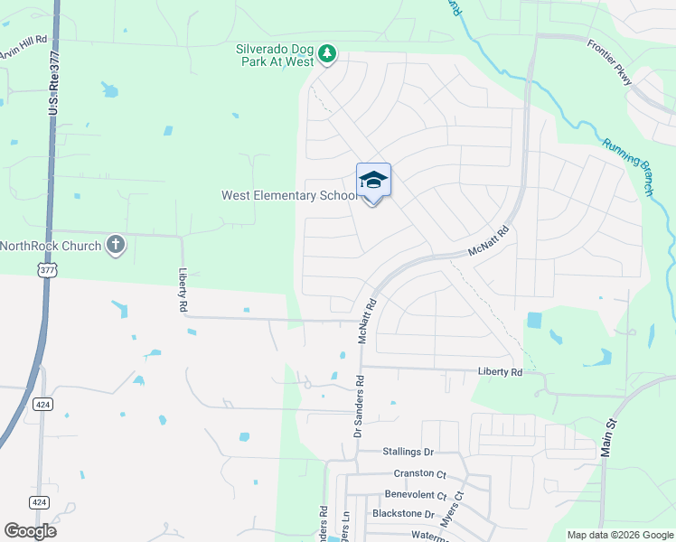 map of restaurants, bars, coffee shops, grocery stores, and more near 9447 Liberty Road in Aubrey