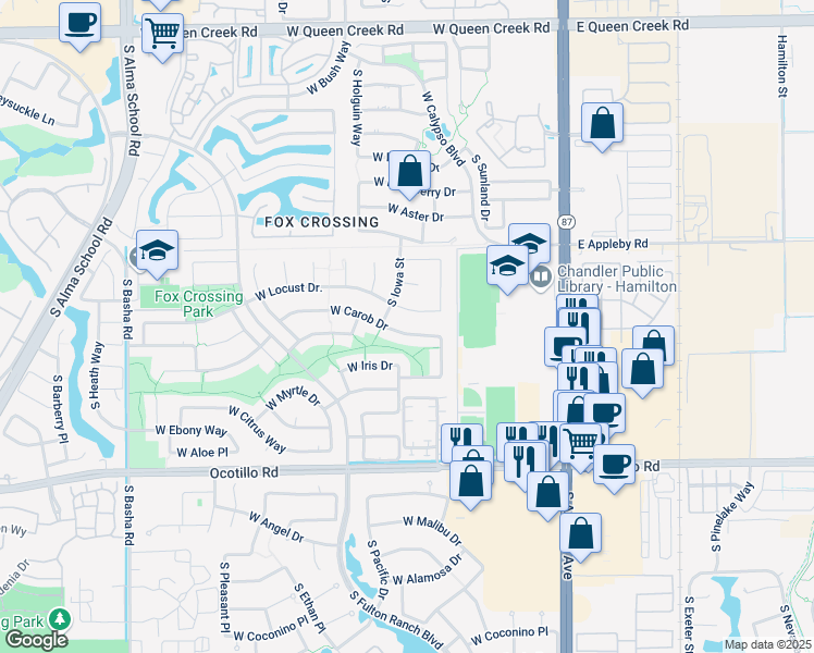 map of restaurants, bars, coffee shops, grocery stores, and more near 362 West Carob Drive in Chandler