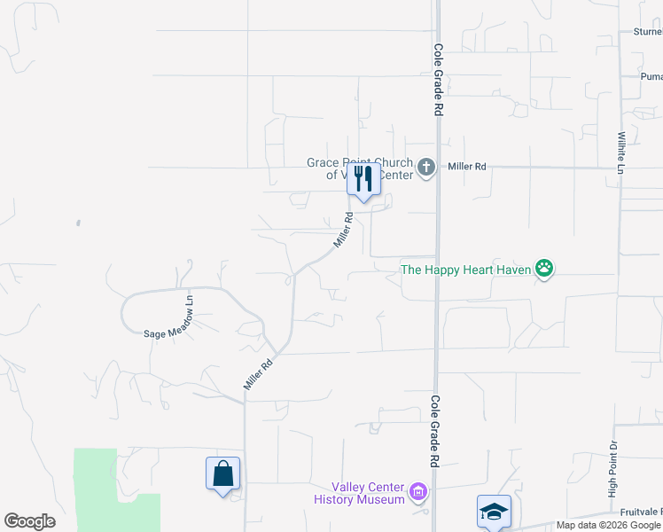 map of restaurants, bars, coffee shops, grocery stores, and more near 29681 Miller Road in Valley Center