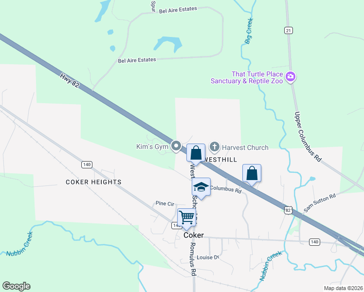map of restaurants, bars, coffee shops, grocery stores, and more near 14625 U.S. 82 in Coker