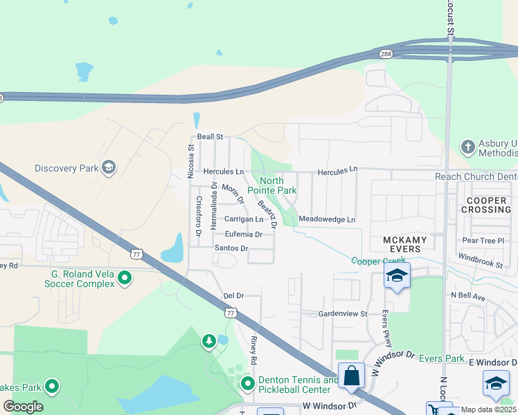map of restaurants, bars, coffee shops, grocery stores, and more near 3525 Beatriz Drive in Denton