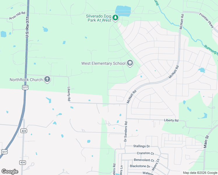 map of restaurants, bars, coffee shops, grocery stores, and more near 9447 Liberty Road in Aubrey