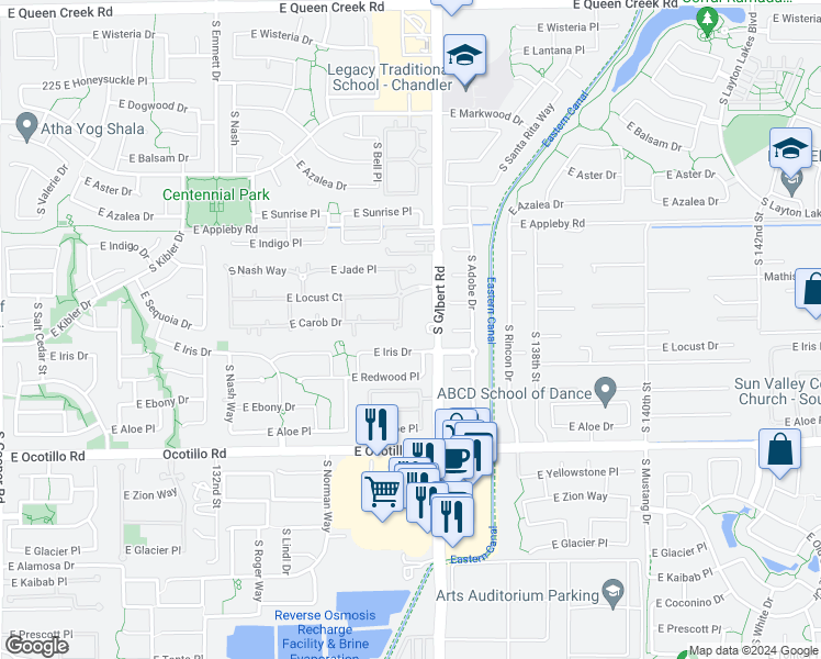 map of restaurants, bars, coffee shops, grocery stores, and more near 2875 East Carob Drive in Chandler