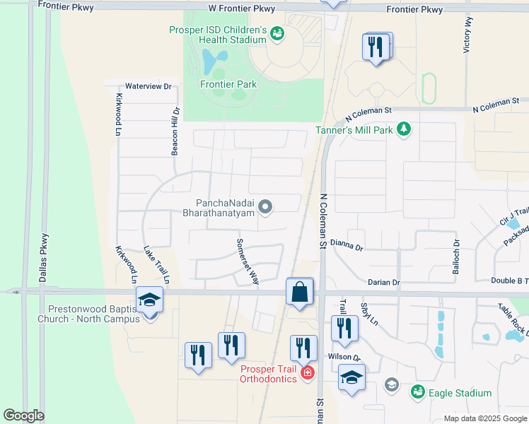 map of restaurants, bars, coffee shops, grocery stores, and more near 401 Timber Ridge Road in Prosper
