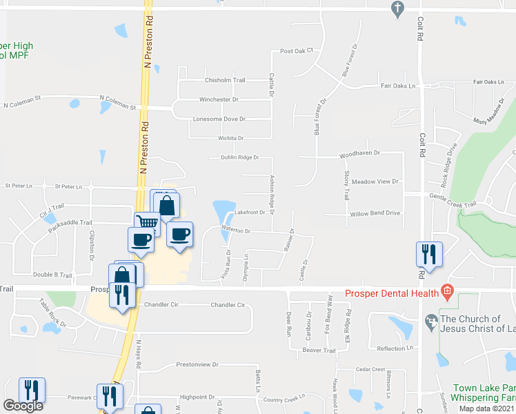 map of restaurants, bars, coffee shops, grocery stores, and more near 1400 Copper Point Drive in Prosper