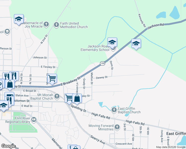 map of restaurants, bars, coffee shops, grocery stores, and more near 174 Melton Street in Griffin