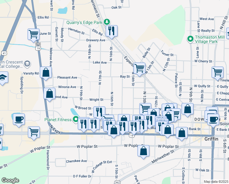 map of restaurants, bars, coffee shops, grocery stores, and more near 330 North 16th Street in Griffin