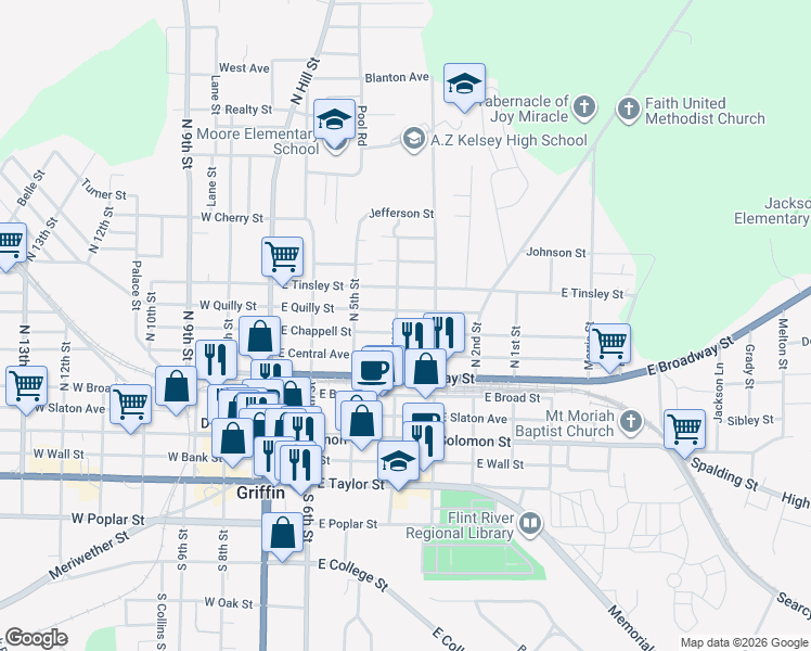 map of restaurants, bars, coffee shops, grocery stores, and more near 412 East Chappell Street in Griffin