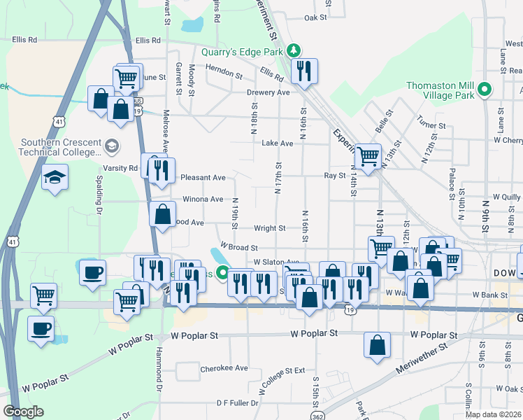 map of restaurants, bars, coffee shops, grocery stores, and more near 300B Louise Lane in Griffin