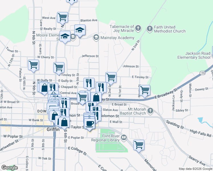 map of restaurants, bars, coffee shops, grocery stores, and more near 517 East Chappell Street in Griffin