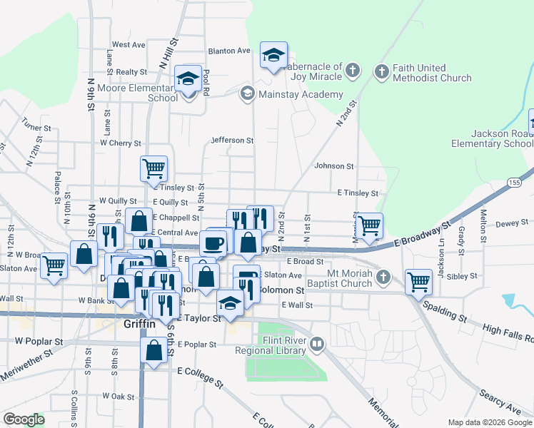 map of restaurants, bars, coffee shops, grocery stores, and more near 517 East Chappell Street in Griffin