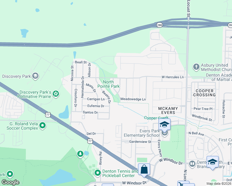 map of restaurants, bars, coffee shops, grocery stores, and more near 3601 Fallmeadow Street in Denton
