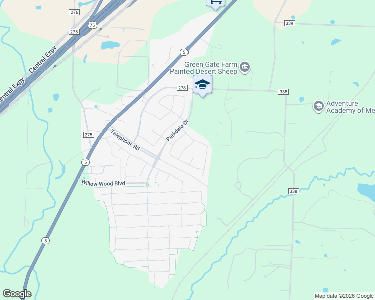 map of restaurants, bars, coffee shops, grocery stores, and more near 1044 County Road 278 in Melissa