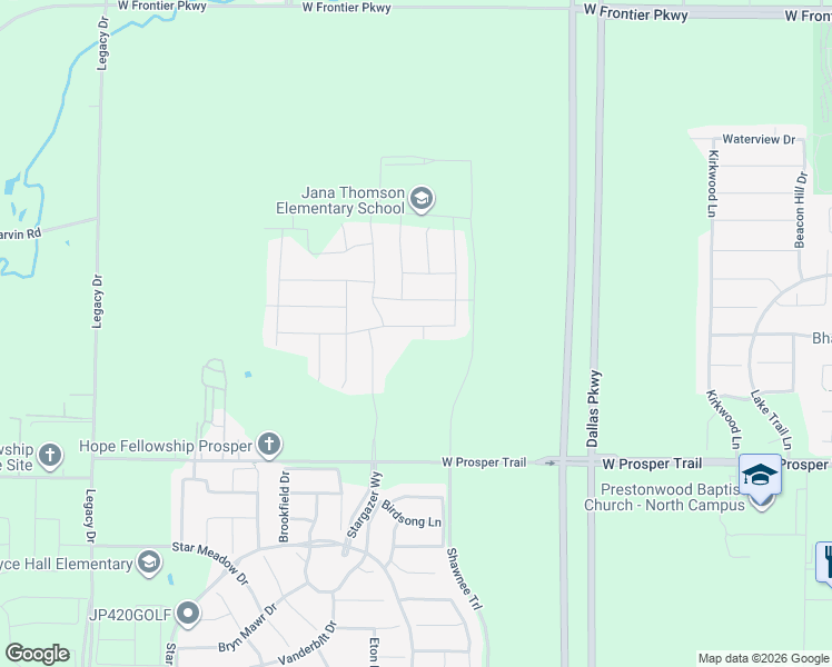 map of restaurants, bars, coffee shops, grocery stores, and more near 1651 Wynne Avenue in Prosper
