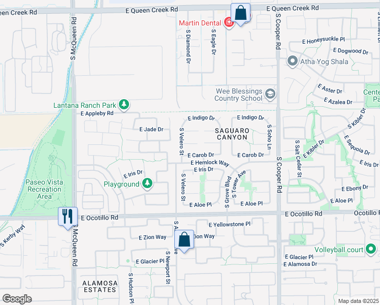 map of restaurants, bars, coffee shops, grocery stores, and more near 1547 East Carob Drive in Chandler
