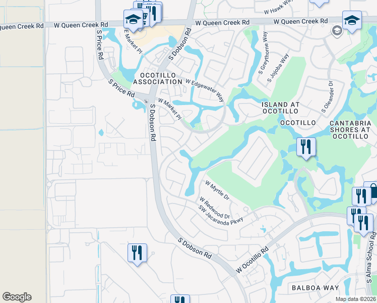 map of restaurants, bars, coffee shops, grocery stores, and more near 3660 South Hawthorn Drive in Chandler
