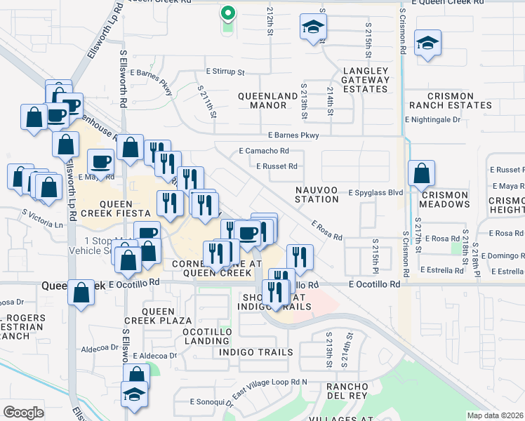 map of restaurants, bars, coffee shops, grocery stores, and more near 21222 East Estrella Road in Queen Creek