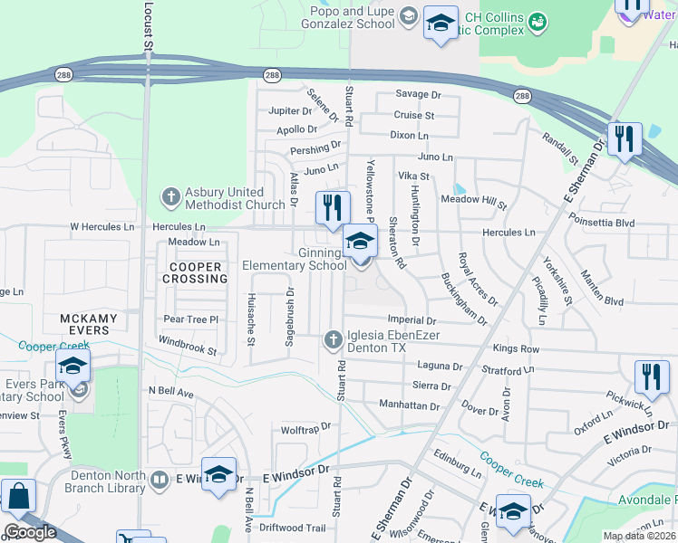 map of restaurants, bars, coffee shops, grocery stores, and more near 3512 Sunnydale Lane in Denton