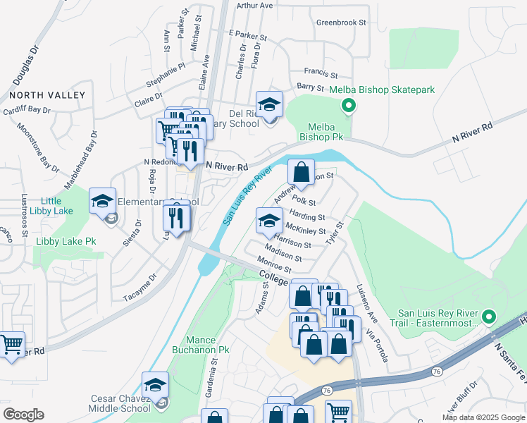 map of restaurants, bars, coffee shops, grocery stores, and more near 5037 Andrew Jackson Street in Oceanside