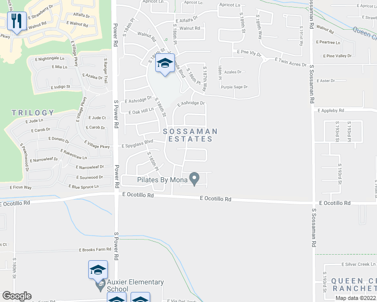 map of restaurants, bars, coffee shops, grocery stores, and more near 18679 East Druids Glen Road in Queen Creek