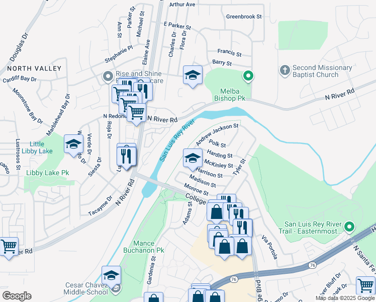 map of restaurants, bars, coffee shops, grocery stores, and more near 5037 Andrew Jackson Street in Oceanside