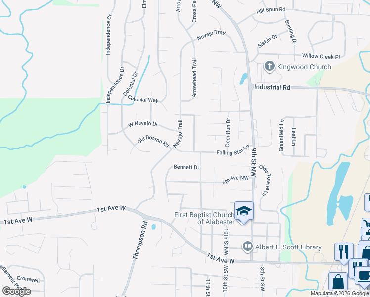 map of restaurants, bars, coffee shops, grocery stores, and more near 1229 Falling Star Lane in Alabaster