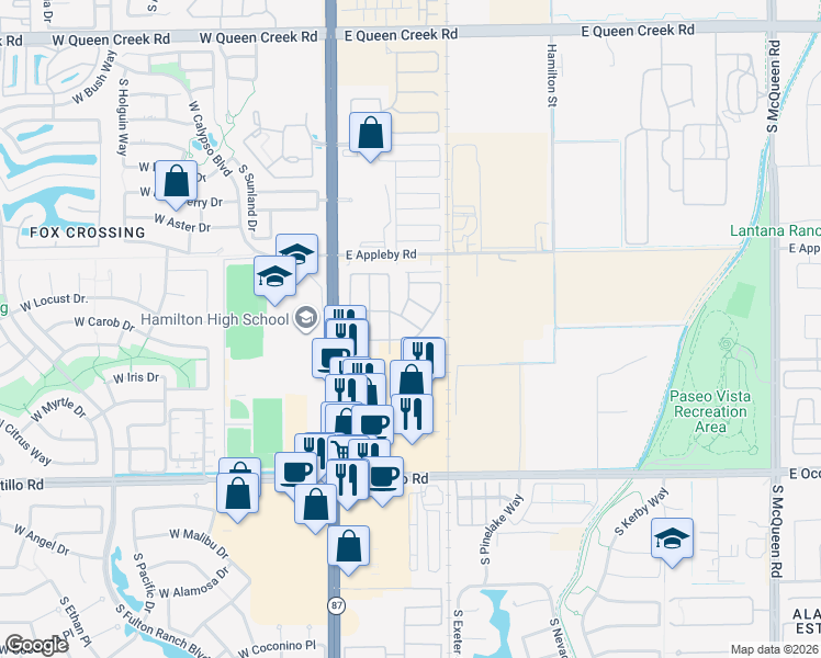 map of restaurants, bars, coffee shops, grocery stores, and more near 227 East Carob Drive in Chandler